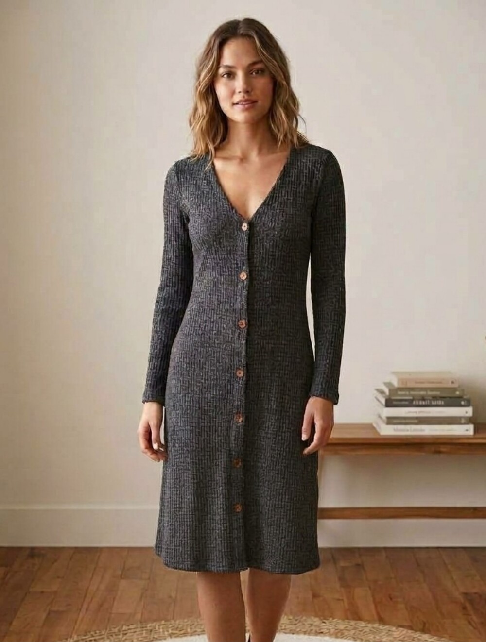 Monteau Charcoal Ribbed V-Neck Dress Casual Chic Cozy Knit Minimalist Fall M
